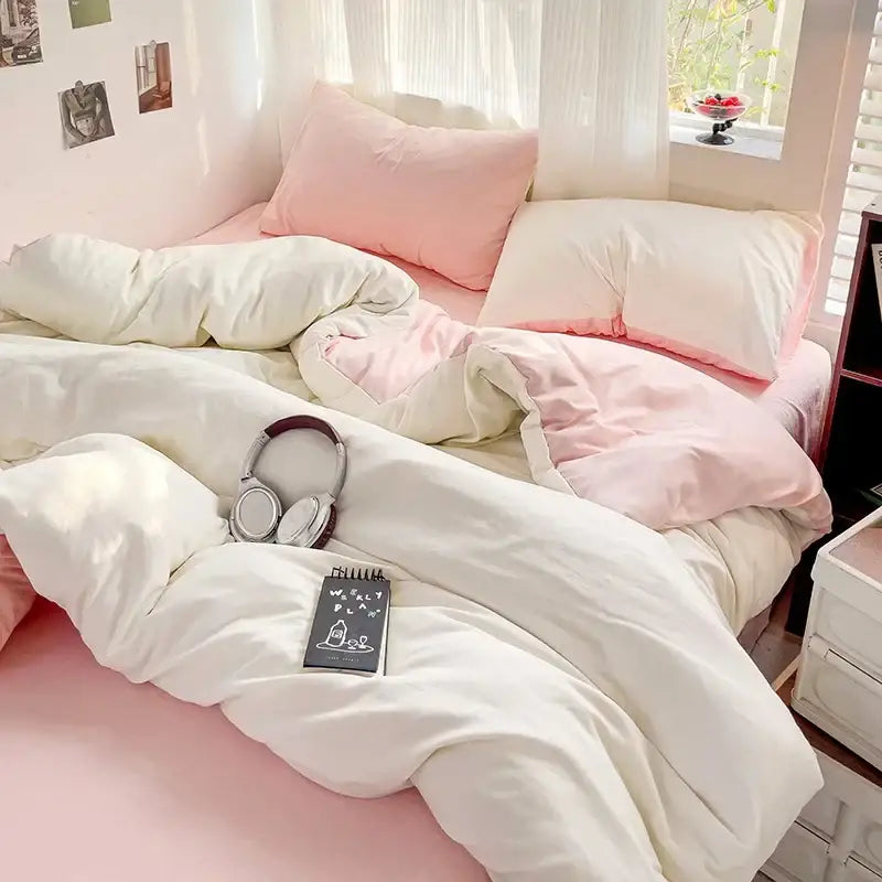 DecorBites™ luxurious 4-piece cotton bedding set in soft white and blush pink with a cozy layered look
