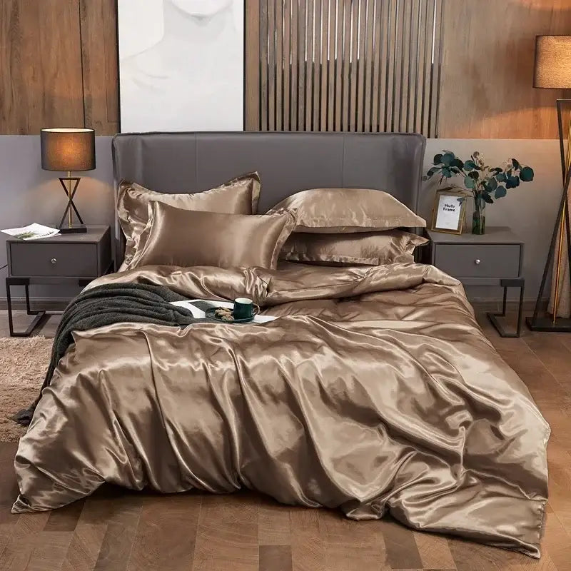 Decorbites™ luxurious bronze satin four-piece bedding ensemble with duvet cover pillowcases and bed sheet for width bed