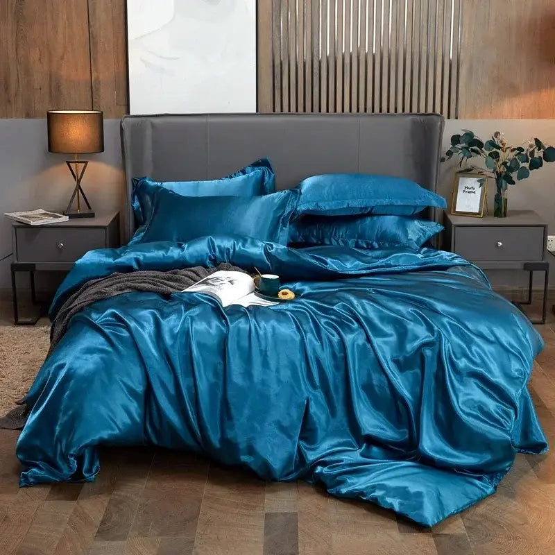 Luxurious teal satin bed sheet and duvet cover set with plush pillows for width bed by DecorBites™