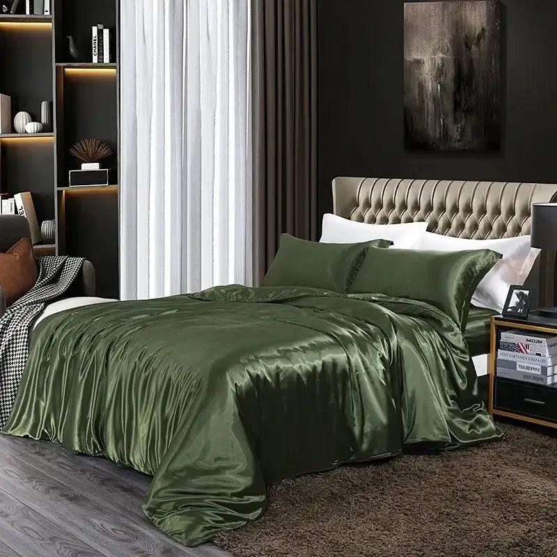 Olive green satin duvet cover set with matching pillowcases by decorbites™ suitable for width bed sheets
