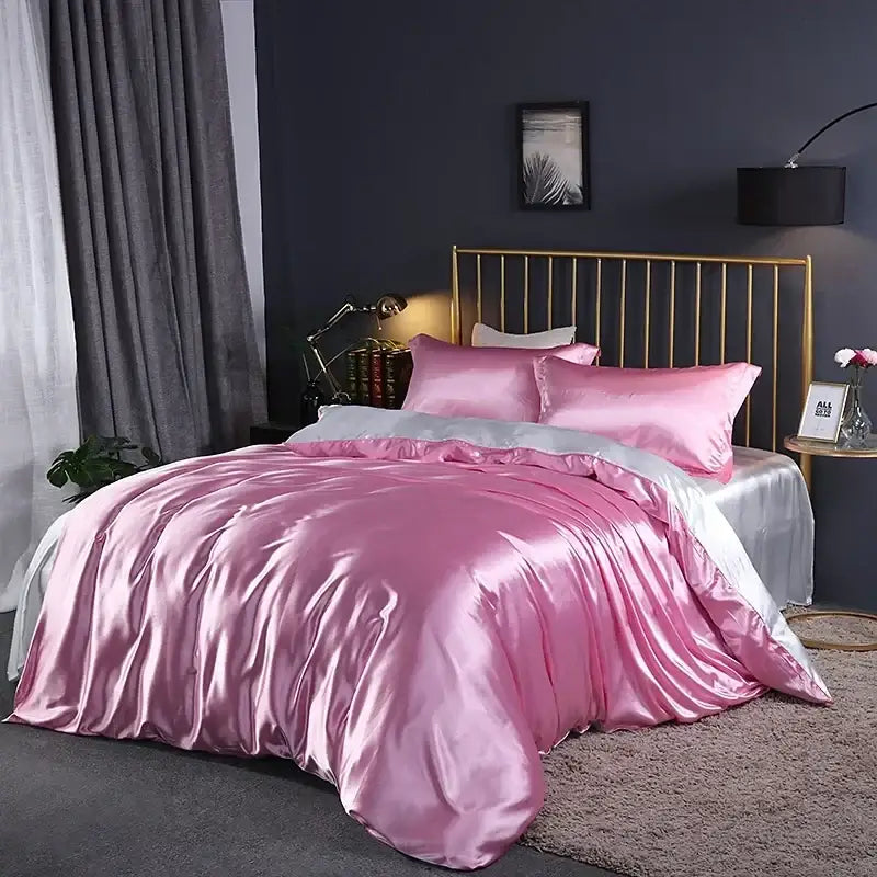 Pink satin duvet cover set with matching pillows and silver accent by DecorBites for width bed bedding ensemble