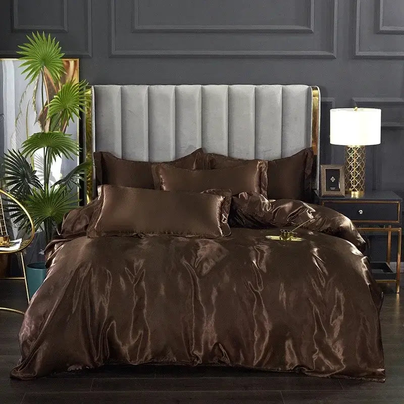 Decorbites™ luxurious bedding ensemble featuring rich chocolate brown satin duvet cover and bed sheet with glossy finish