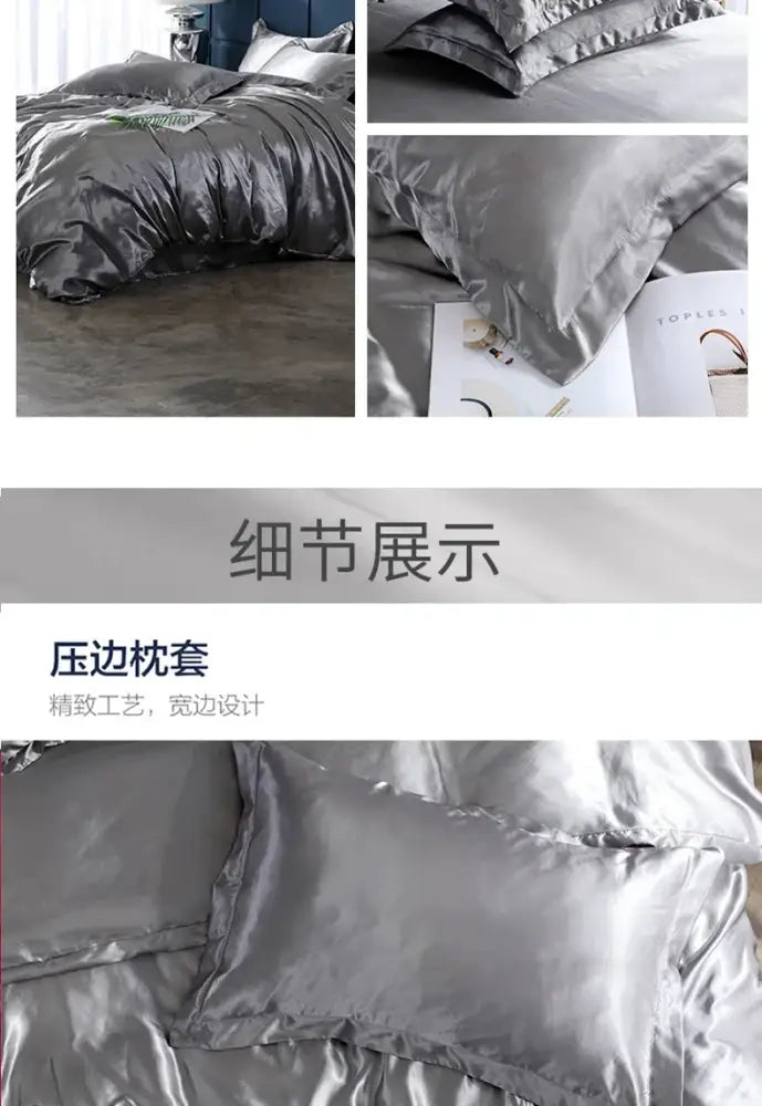 Silver satin pillowcase with wide finished edge and subtle sheen from decorbites™ luxurious bedding ensemble for width bed