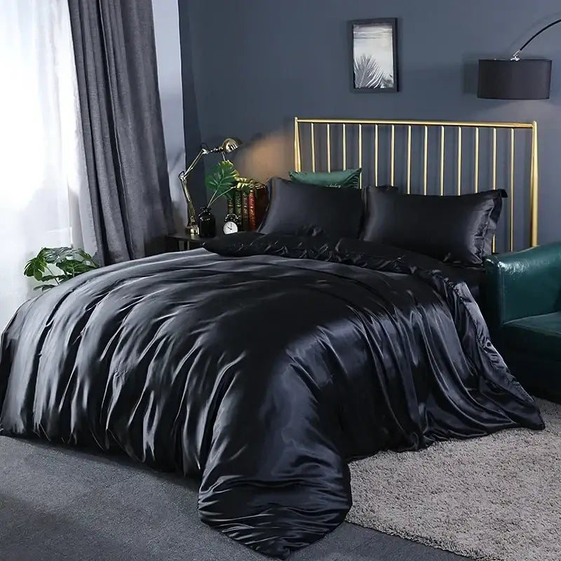DecorBites™ luxurious black satin duvet cover set with smooth glossy finish and matching pillowcases pcs suitable for bed sheets