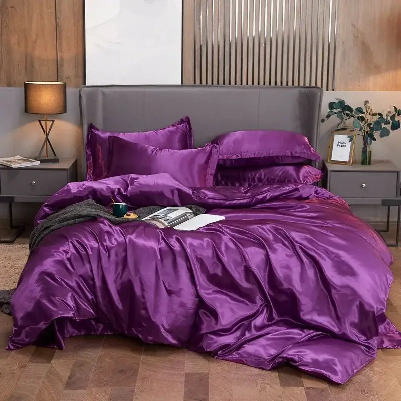 DecorBites™ luxurious bed sheet and duvet cover set in lustrous purple satin 3 pcs suitable for elegant bedding