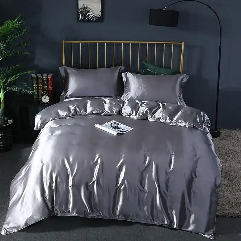 Shiny silver satin duvet cover set with matching pillowcases by decorbites™ pcs suitable for luxurious bedding sheets