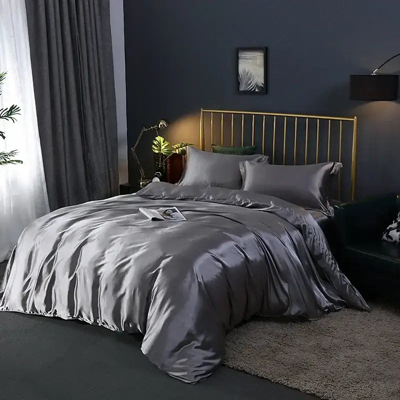 Silk gray satin duvet cover set with matching pillowcases by DecorBites™ featuring smooth lustrous finish pcs suitable for bed sheet use