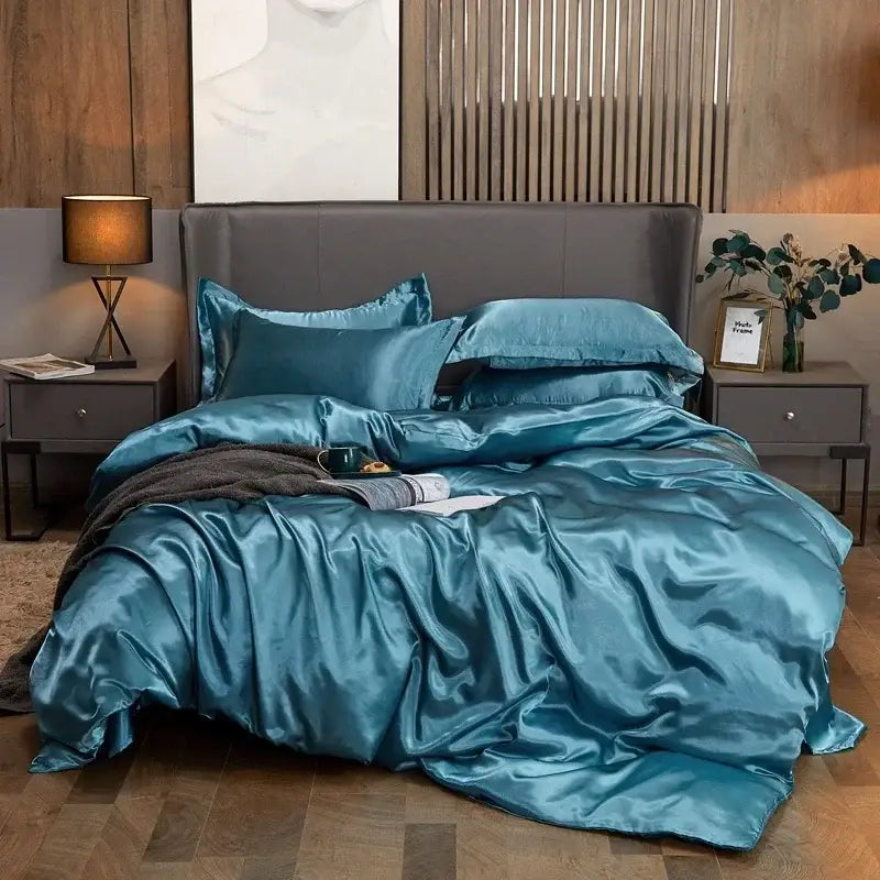 Teal satin decorbites™ luxurious bedding set with glossy duvet cover and bed sheet pcs suitable for elegant bedroom use