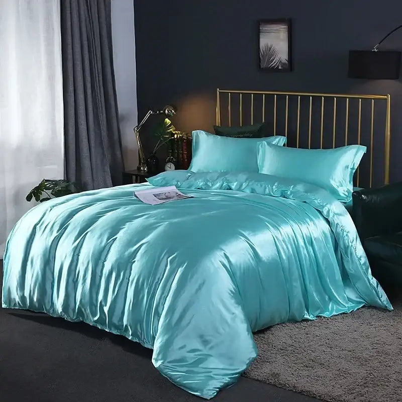 Turquoise satin bed sheet and duvet cover set by decorbites with matching pillows pcs suitable for luxurious bedding