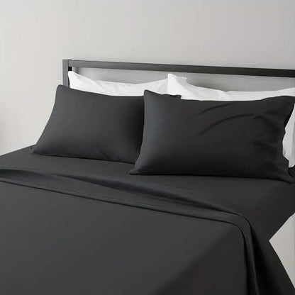 Black satin-like sheet set with smooth glossy finish from DecorBites luxuriously cooling sheet set for breathable comfort