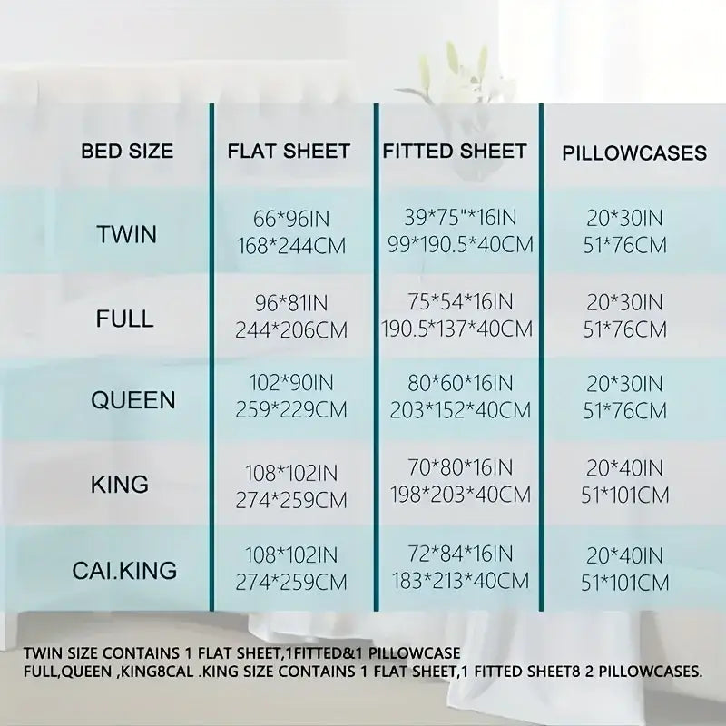 Detailed size chart for decorbites™ luxurious cooling sheet set showing measurements in inches and centimeters for various mattress sizes