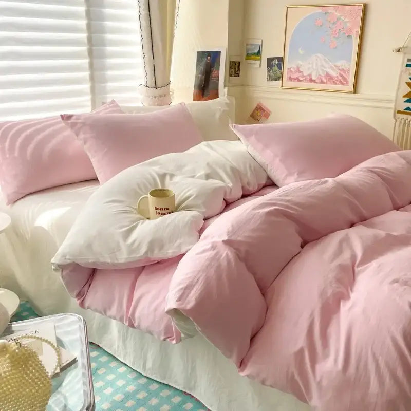Decorbites™ luxurious cotton bedding set featuring a pink and white plush duvet cover for single and couple beds