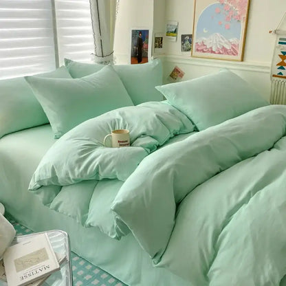 Mint green quilted cotton bedding set with matching pillows and bed skirt from decorbites luxurious collection