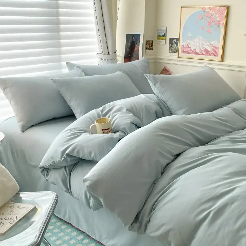 Decorbites™ luxurious cotton bedding set with soft light blue satin finish duvet cover for single and couple beds