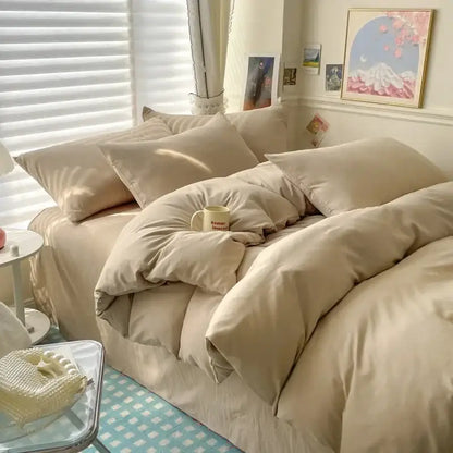 Beige quilted cotton bedding set with soft plush texture including duvet cover and matching pcs bed sheet by DecorBites
