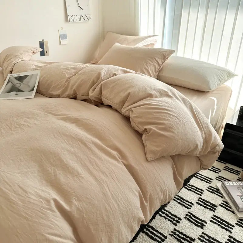 Beige softly textured cotton bedding set with duvet cover and matching pillows by decorbites in various sizes