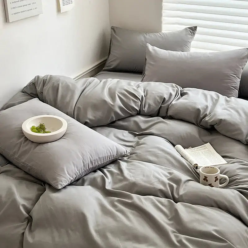 Decorbites™ luxurious gray satin-like cotton bedding set with matching pillows and cozy rumpled comforter