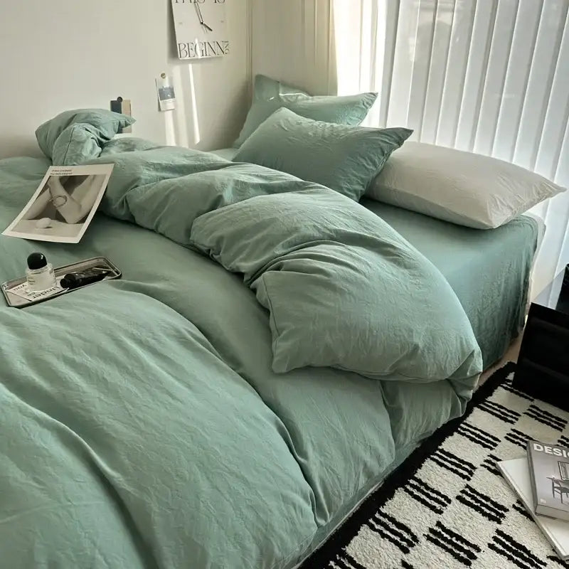 Mint green linen duvet cover and matching pillows from decorbites cotton bedding set with soft textured fabric finish