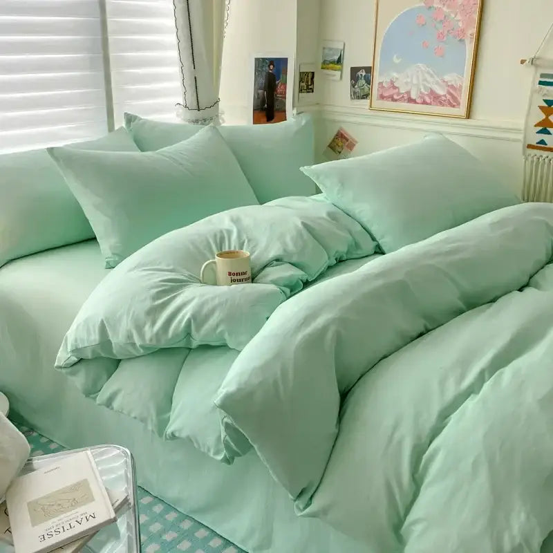 Mint green quilted cotton duvet cover bedding set with matching pcs bed sheet and soft cozy texture by DecorBites™