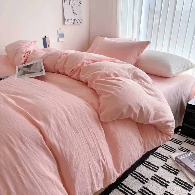DecorBites™ luxurious pink cotton bedding set with duvet cover and pillowcases featuring soft wrinkled texture