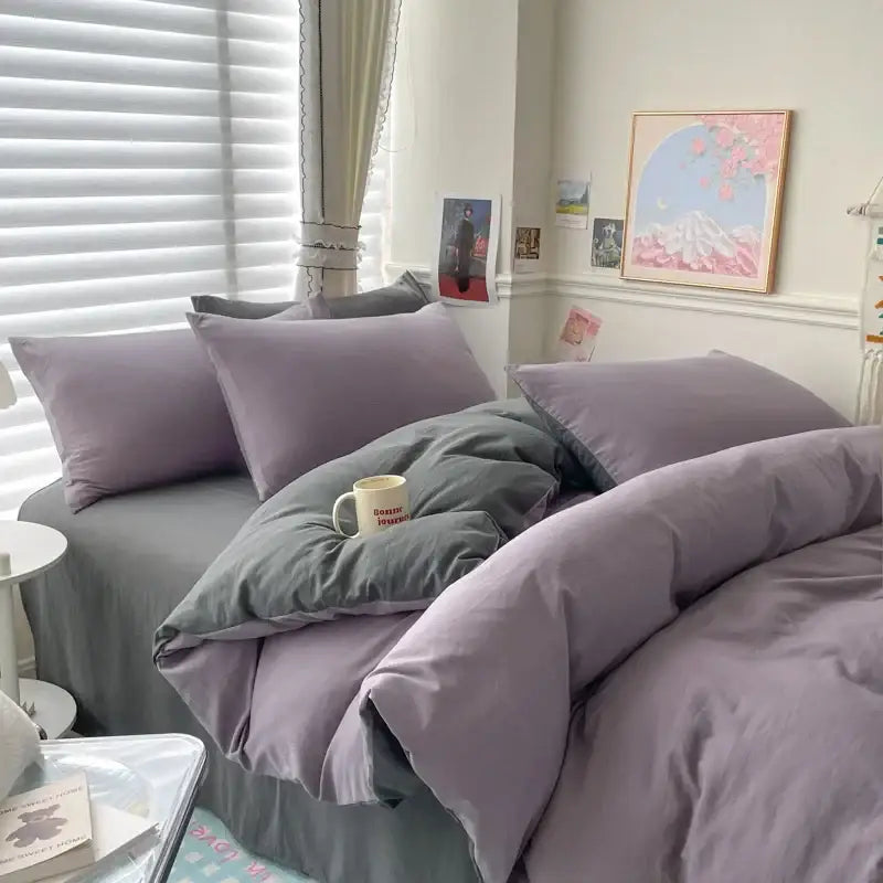 DecorBites Luxurious cotton bedding set in purple and gray with soft plush fabric duvet cover and pcs bed sheet options