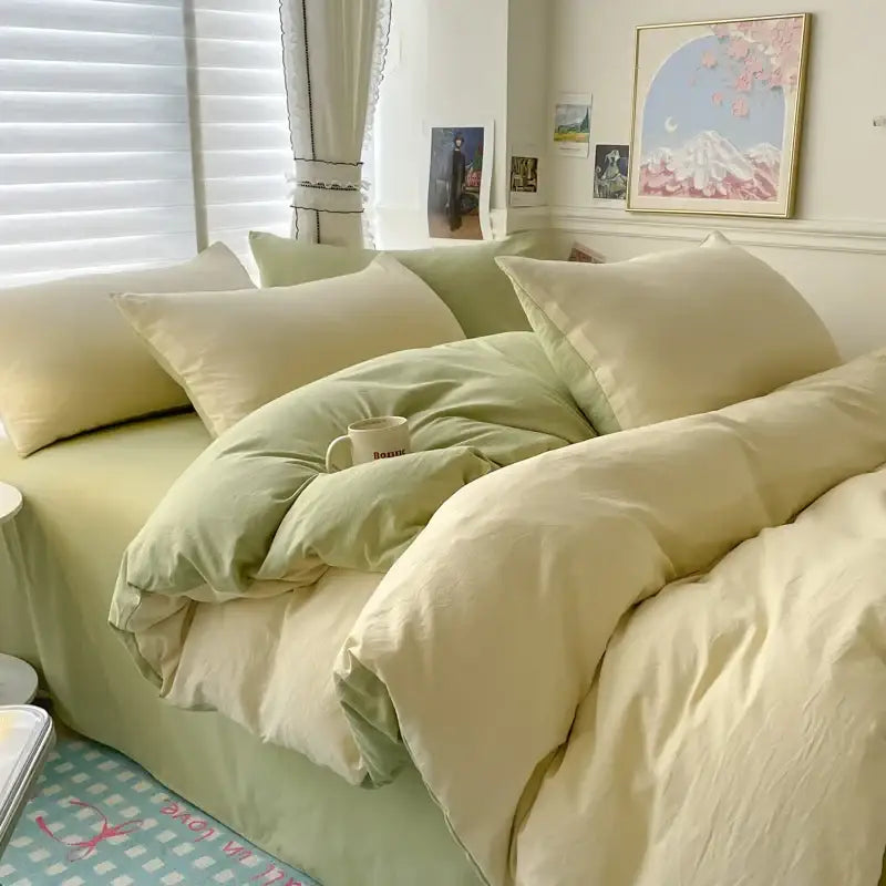 Decorbites™ luxurious cotton bedding set in soft pastel green and cream with duvet cover and pcs bed sheet for layered comfort
