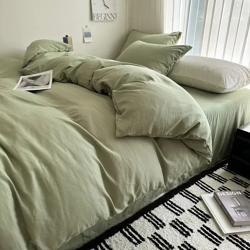 Decorbites™ luxurious cotton bedding set in soft sage green with smooth textured duvet cover and matching pillowcases
