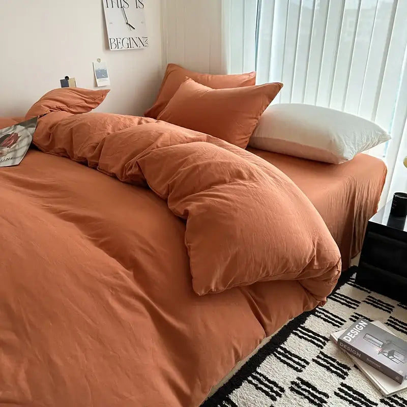 Decorbites luxurious cotton bedding set in warm terracotta with a soft textured fabric finish and duvet cover