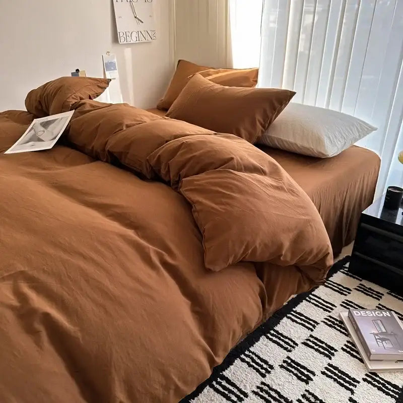 Warm brown cotton bedding set with plush fabric duvet cover and matching pillows from DecorBites Luxurious Cotton Bedding Set