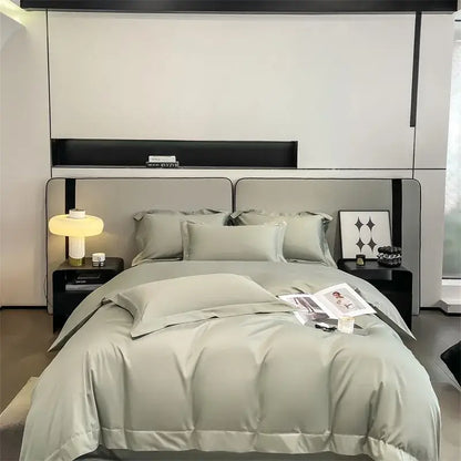 Decorbites™ luxurious egyptian cotton duvet cover set in sleek sage green satin with subtle sheen and fitted sheet included