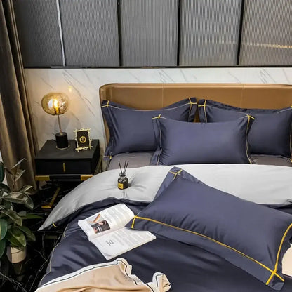 Navy blue satin pillowcases with gold piping detail from decorbites luxurious egyptian cotton embroidered bedding set