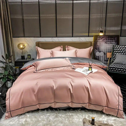 Pink satin egyptian cotton duvet cover bedding set with black piping detail by decorbites luxurious embroidery