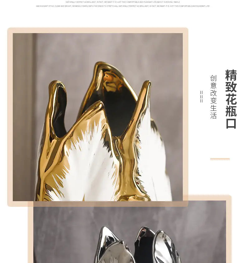 DecorBites™ luxurious gold ceramic vase with glossy white finish and crown-like design for elegant home decor