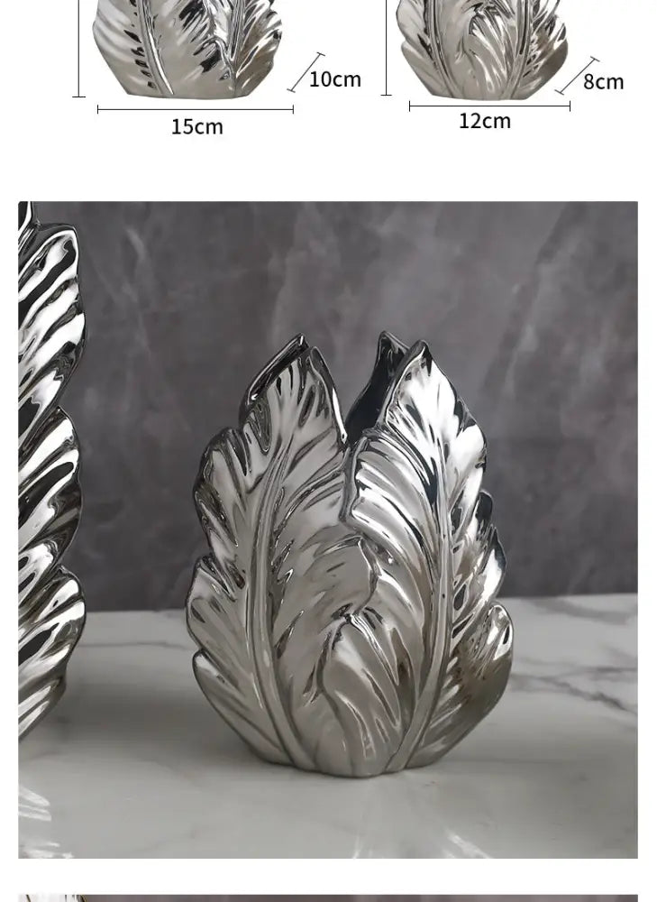 Silver leaf-shaped luxurious gold ceramic vase with glossy metallic finish and detailed veining for home decor