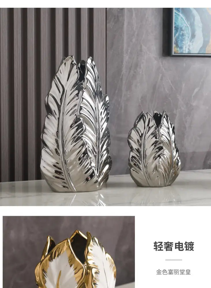 Decorbites™ luxurious gold ceramic vases with silver leaf shape and intricate vein detailing for home decor