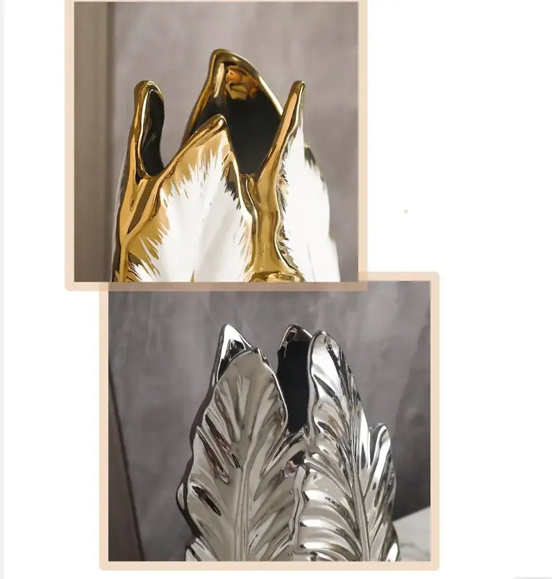 Luxurious gold ceramic vase with white leaf-like glossy design perfect for elegant home decor and gold ceramic vases collection