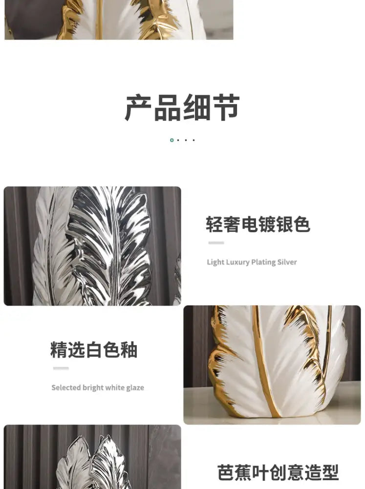 White ceramic vase with glossy finish and silver plated banana leaf design for home decor by DecorBites luxurious gold ceramic vases