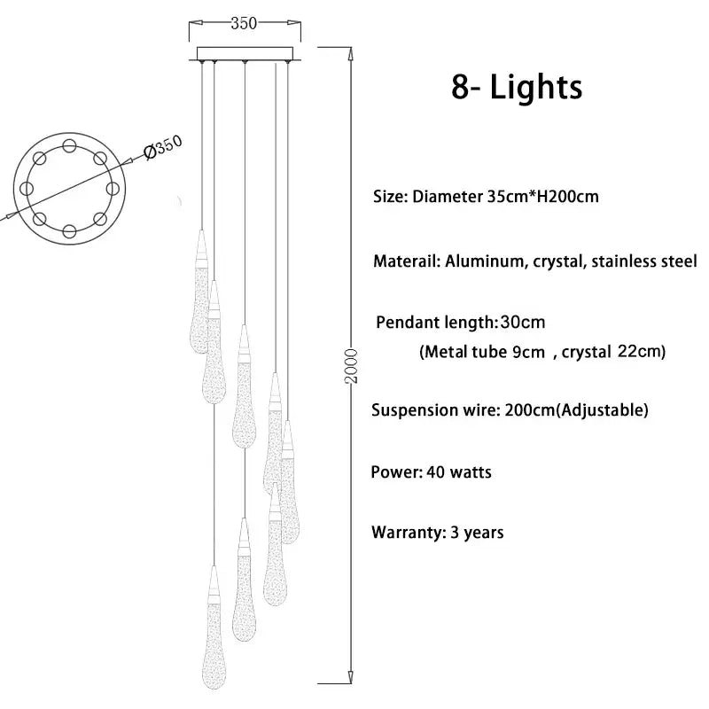 DecorBites Luxurious gold crystal light chandelier with eight lights, aluminum top, and stainless steel accents for staircase