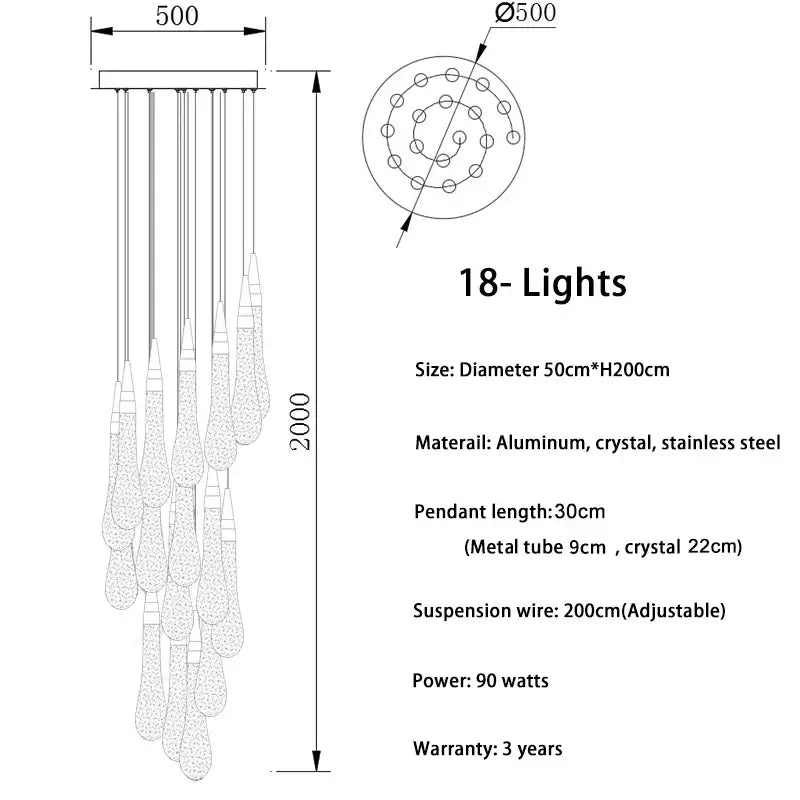 Elegant DecorBites™ luxurious gold crystal light chandelier with 18 cascading teardrops for modern staircase lighting