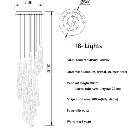 DecorBites™ luxurious gold crystal chandelier with 18 cascading teardrop pendants for modern crystal staircase light