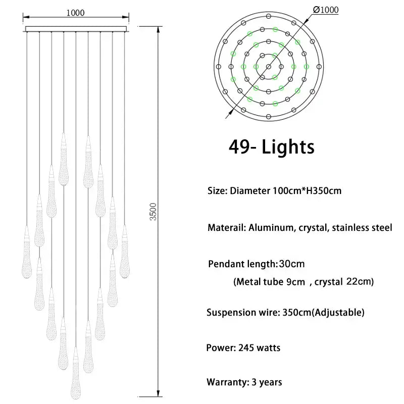 Elegant modern crystal light chandelier with 49 gold crystal teardrop pendants on aluminum and stainless steel frame for staircase