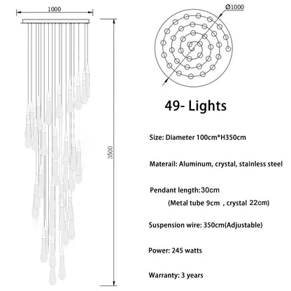 DecorBites™ luxurious gold crystal light chandelier with 49 pendants on aluminum and stainless steel frame for staircase