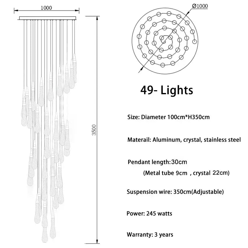 DecorBites™ luxurious gold crystal light chandelier with 49 pendants on aluminum and stainless steel frame for staircase