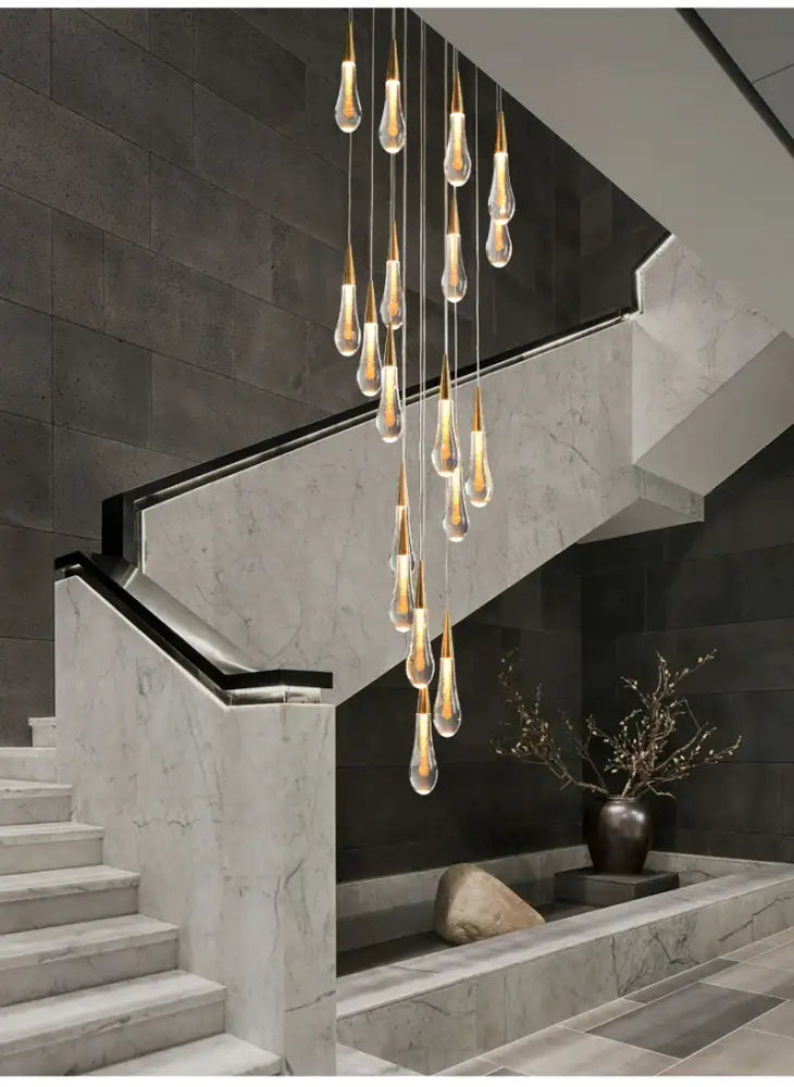 DecorBites™ luxurious gold crystal chandelier with teardrop glass pendants for staircase modern crystal light