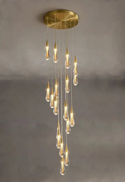 Luxurious gold crystal chandelier with teardrop glass pendants and brass base modern crystal light for staircase