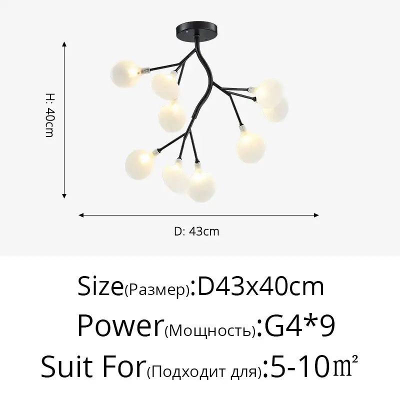 DecorBites™ luxurious golden led chandelier with black branch-style frame and nine frosted glass globes for home lighting