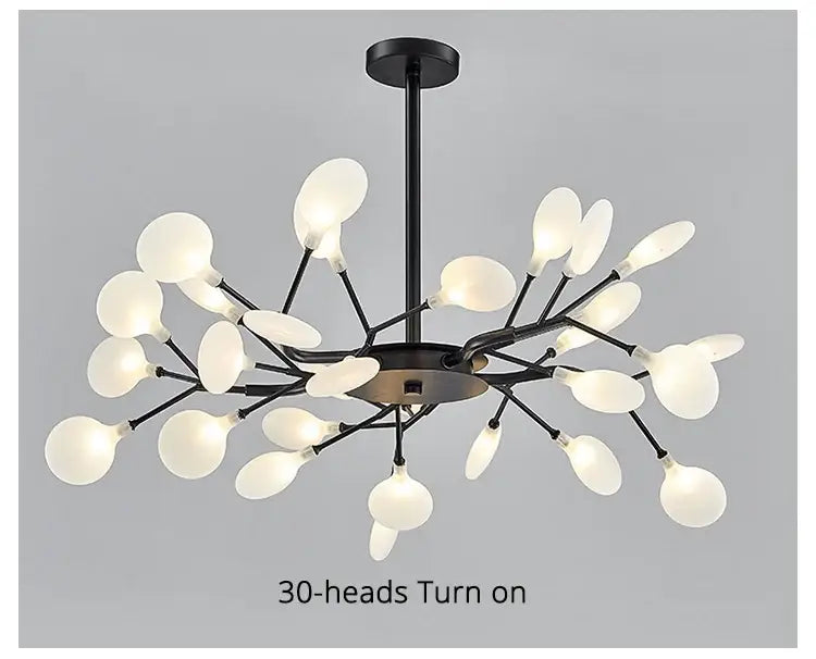 Black metal led chandelier with 30 frosted glass lamps in a branching tree design for luxurious golden led decor