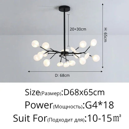 DecorBites™ luxurious golden led chandelier with black metal frame and frosted glass globes in a branching design