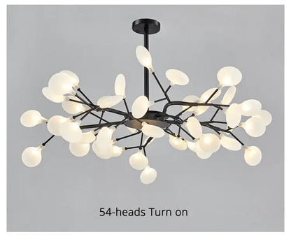 Black metal led chandelier with 54 frosted glass lamp heads in a branching tree design for luxurious golden led chandelier decor