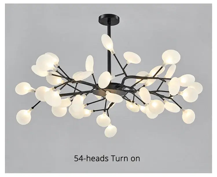 Black metal led chandelier with 54 frosted glass lamp heads in a branching tree design for luxurious golden led chandelier decor